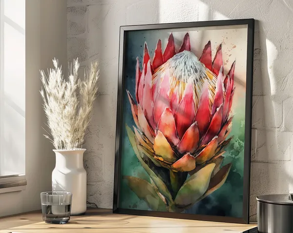 Watercolor King Protea Art Print, Minimalist Decor