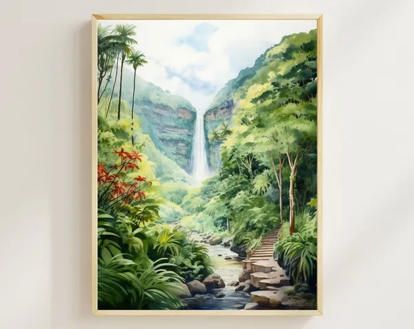 Maui Waterfalls Watercolor Art Print, Road To Hana Hawaii