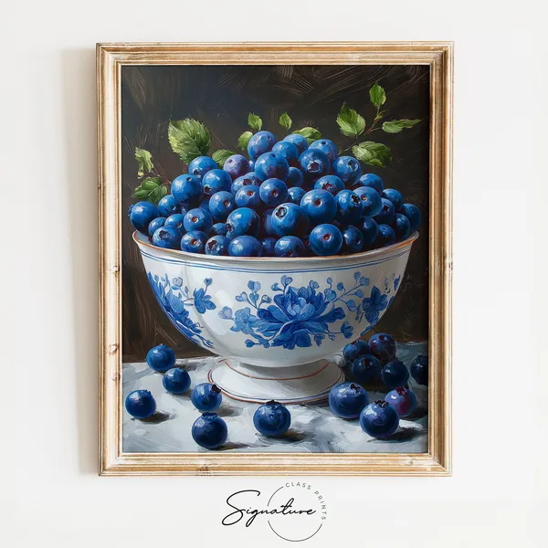 Blueberries In Porcelain Bowl, Summer Berry Art Print