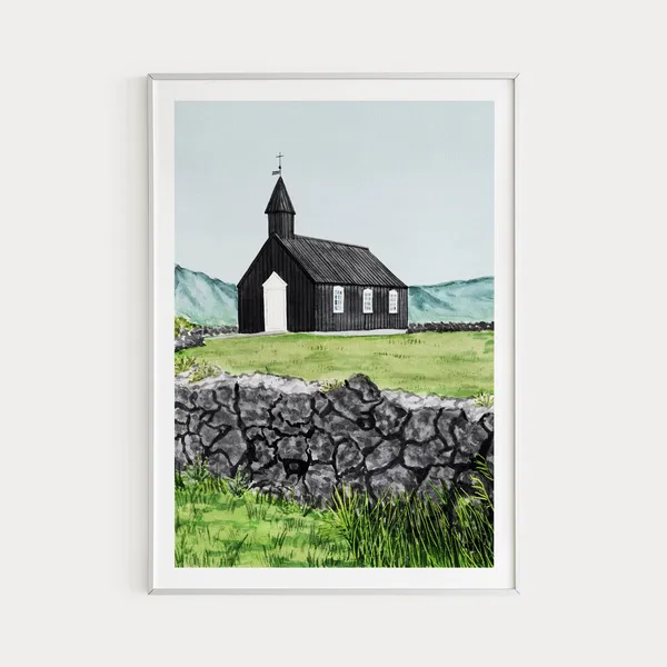 Black Church Of Budir, Iceland Watercolor Art Print