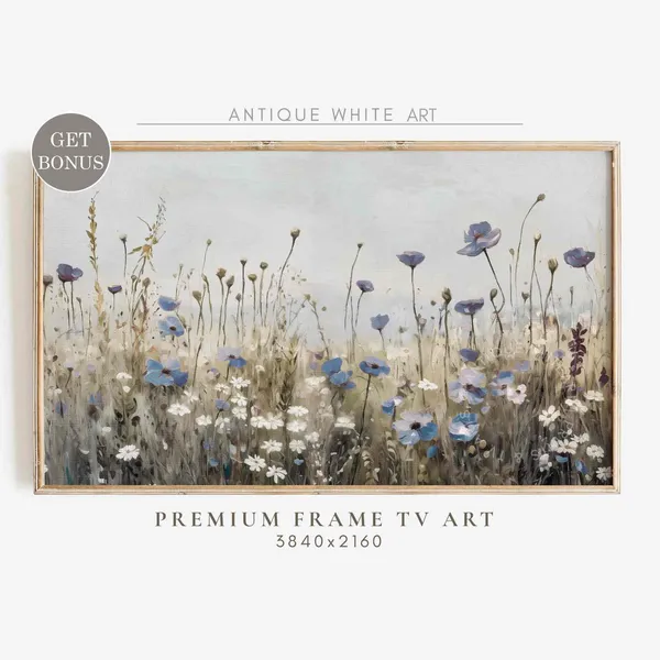 Navy Flowers, Blue Wildflower Field Art Print