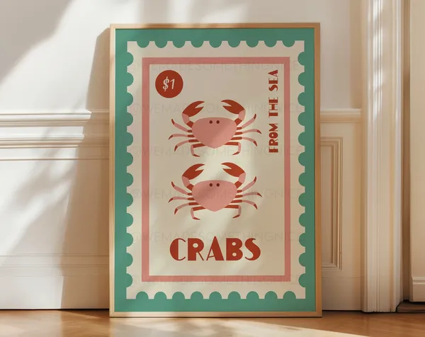 Crab Print, Vintage Coastal Food Art Poster
