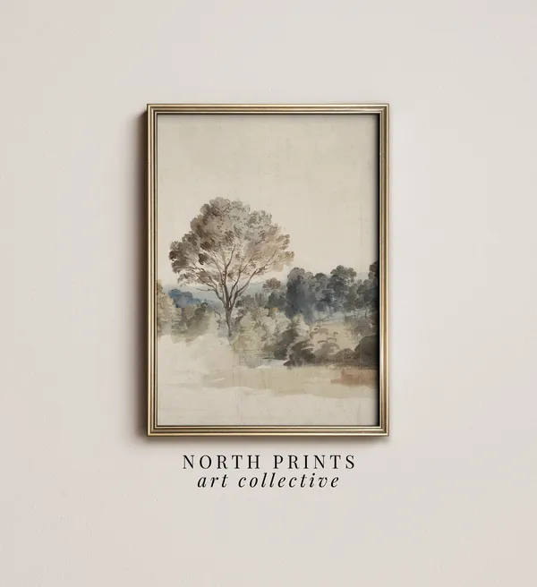 Muted Country Nature Landscape, Neutral Cottage Art Print