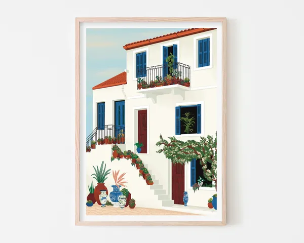 Greek Blue And White House, Mediterranean Travel Poster