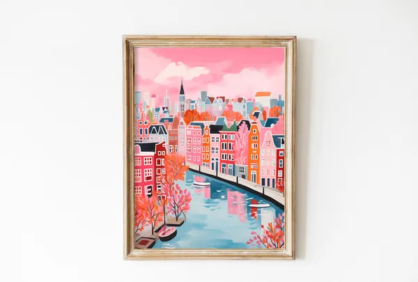Amsterdam Canals Travel Poster, Romantic Holland Art
