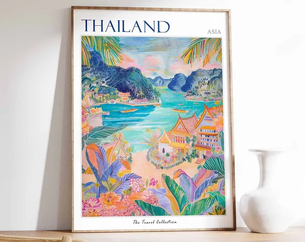Thailand Travel Poster, Thai Decor Botanical Art