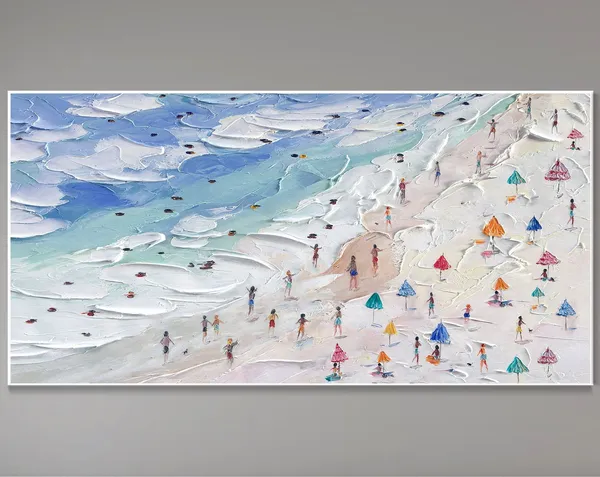 Crowds On The Shore Coastal Summer Art Print