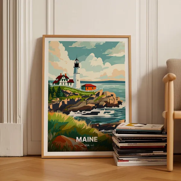 Maine Coastal Scenery Travel Poster, State Landmarks Decor