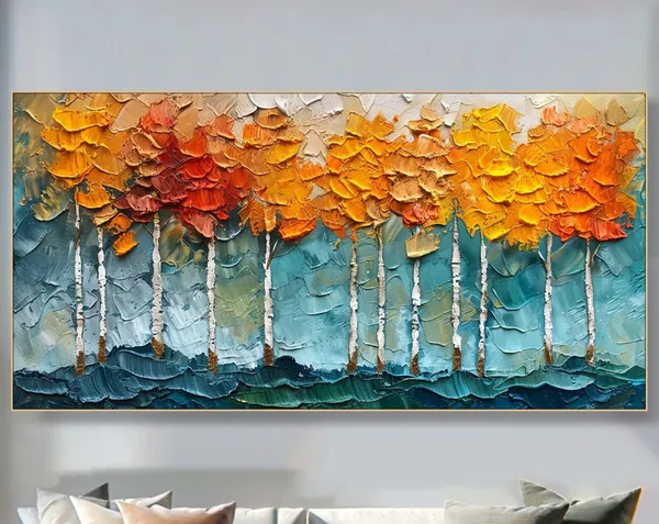 Autumn Forest Oil Painting, Abstract Tree Landscape