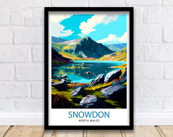 Snowdonia Travel Poster, Wales Mountain Landscape