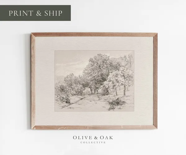 Vintage Landscape Sketch, Neutral Cottage Decor Art Print