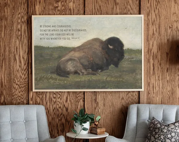 Buffalo Scripture Art Print, Joshua 1:9 Vintage