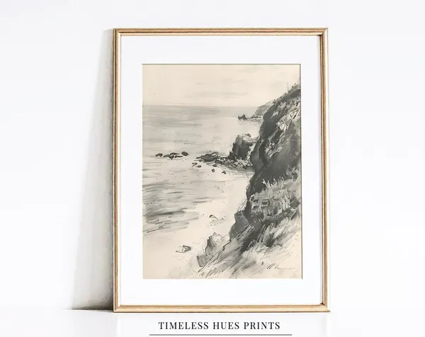 Vintage Coastal Landscape, Charcoal Sketch Art Print