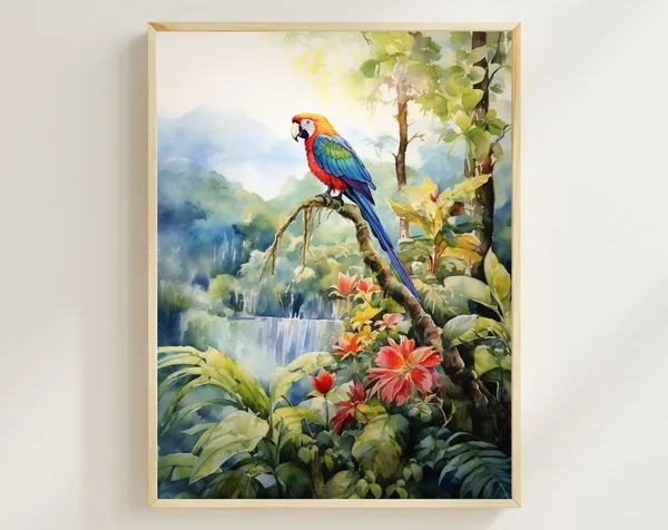 Costa Rica Watercolor Print, Scarlet Macaw Waterfall