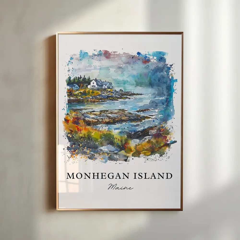 Monhegan Island Watercolor Travel Poster, Maine