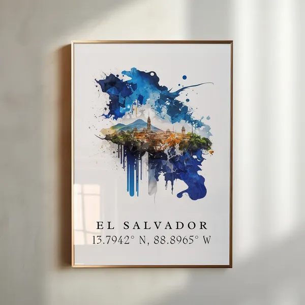 El Salvador Watercolor Travel Poster, Central America