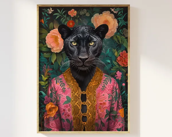 Panther Art Print, Maximalist Eclectic Floral Portrait