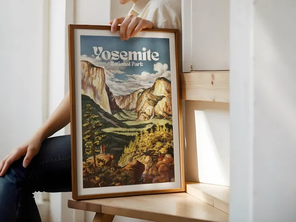 Yosemite Retro Travel Poster, Sierra Nevada Landscape
