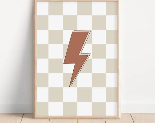 Lightning Bolt Art Print, Beige Checkered Boho Decor