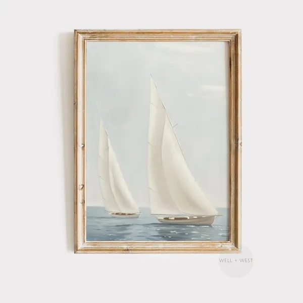 Vintage Sailboat Art, Soft Coastal Seascape Print