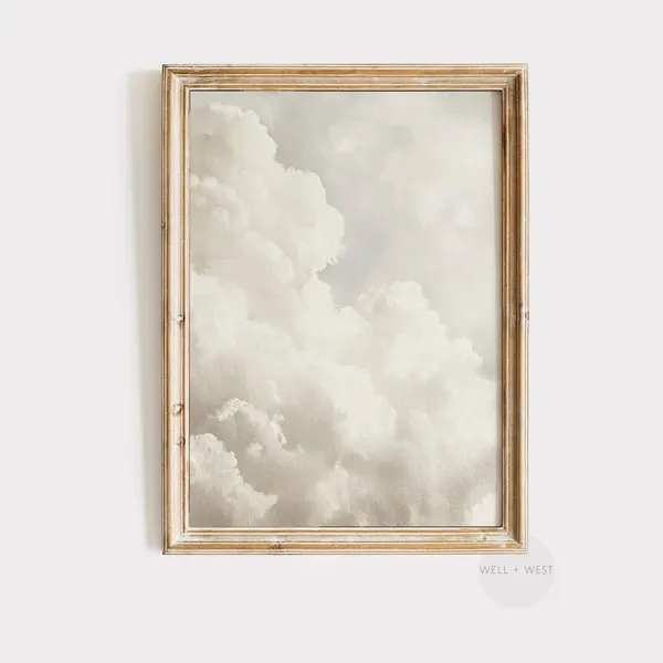 Cloud Oil Painting Neutral Sky Print, Vintage Farmhouse