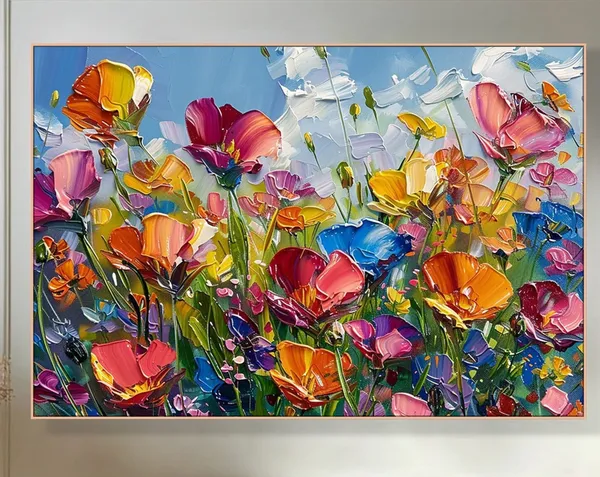 Colorful Meadow Floral Art Print, Vibrant Impasto