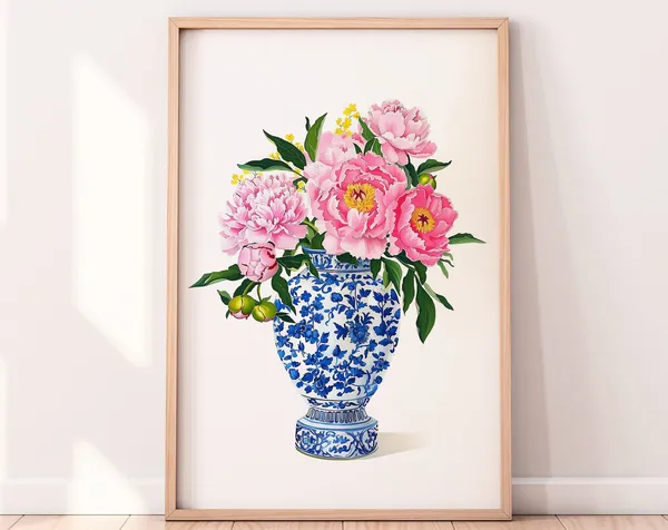 Pink Peonies in Ginger Jar, Blue-White Pottery