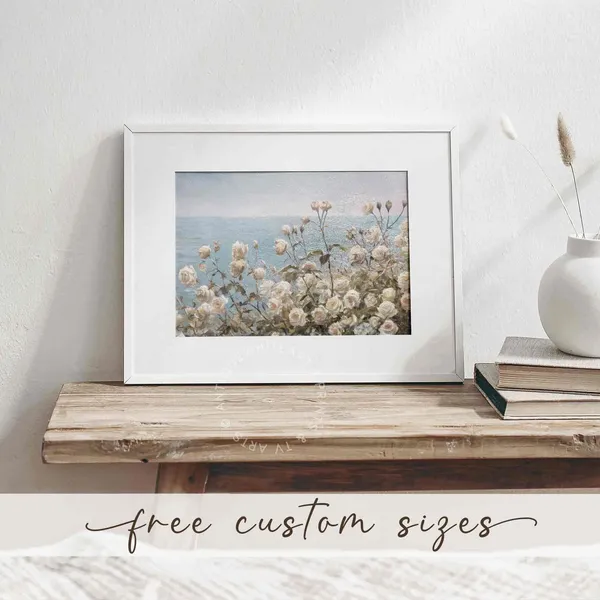 Coastal Wildflower Field Art Print, Vintage Farmhouse