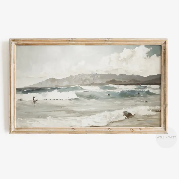 Summer Surfer Oil Painting Vintage Ocean Landscape