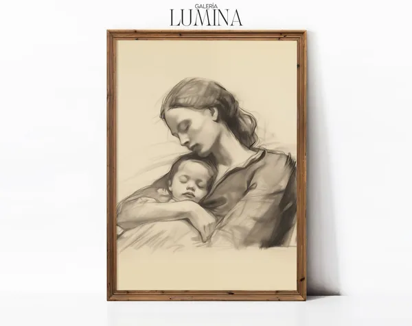 Vintage Mother and Child Line Sketch, Nursery Art Print