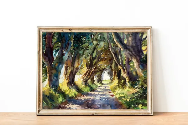 Dark Hedges Watercolor Art Print, Irish Landscape