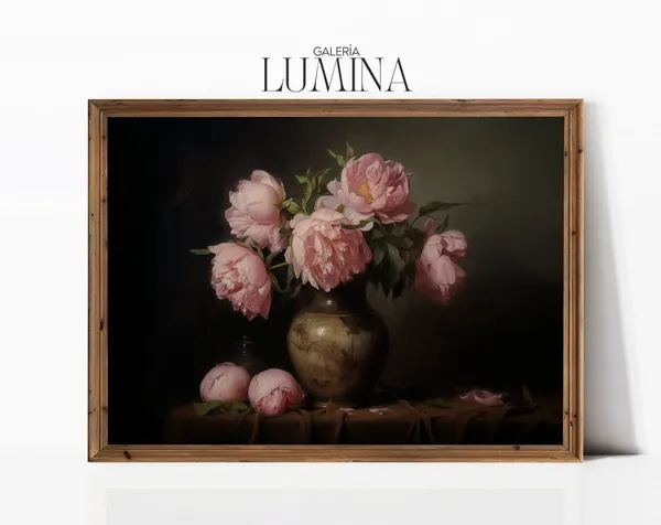 Pink Peonies in Antique Vase, Vintage Still Life Art Print