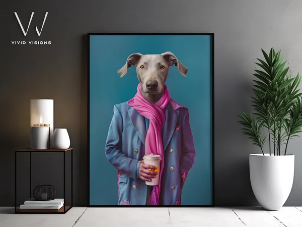 Modern Dog Portrait Drinking Coffee Art Print