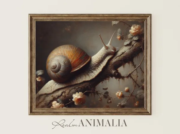Vintage Snail Art Print, Moody Botanical Cottagecore