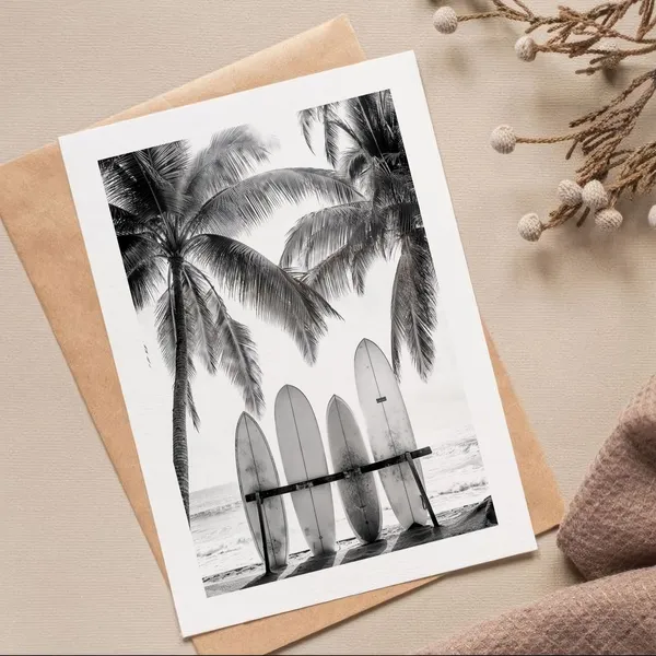 Surfboards On The Beach, Black and White Photo Art Print