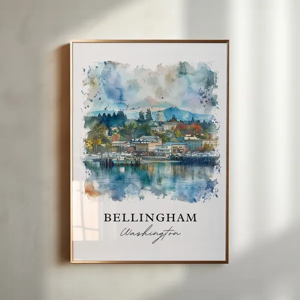 Bellingham, WA Watercolor Travel Poster, Mount Baker