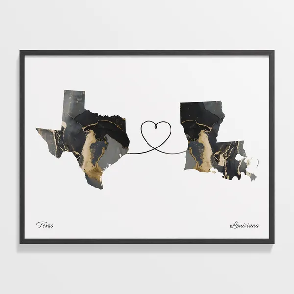 Texas To Louisiana Travel Map Poster, Map Art
