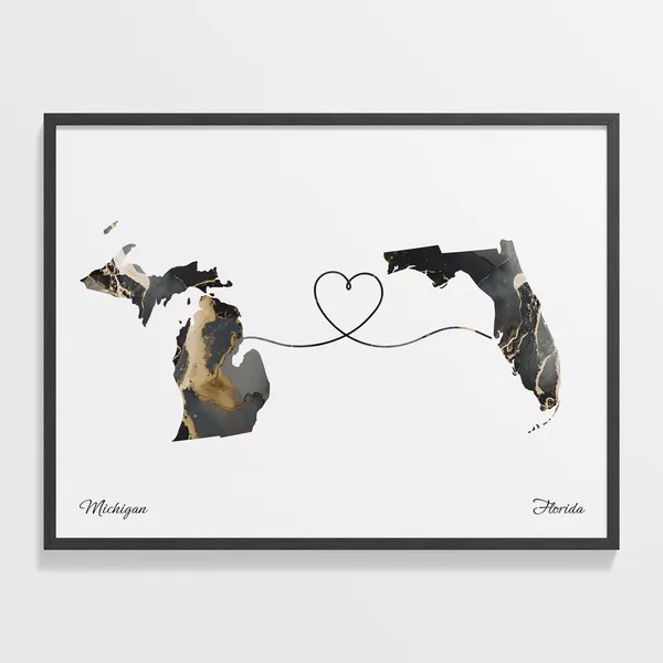 Michigan To Florida Travel Poster, Two Countries Map