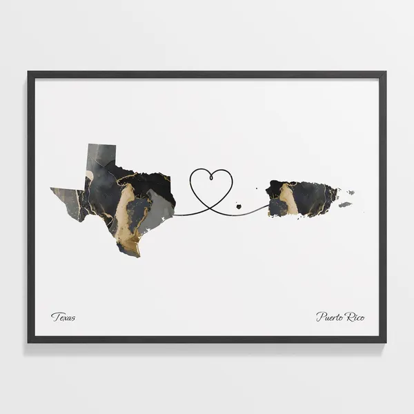 Texas To Puerto Rico Travel Poster, Heart Map
