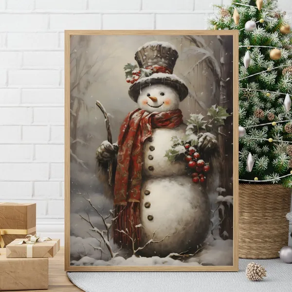 Vintage Christmas Snowman Art Print, Cottagecore Decor