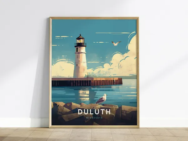 Duluth Lighthouse Travel Poster, Minnesota Lake Superior