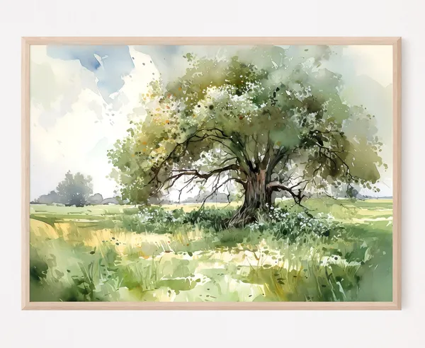 Oak Tree Watercolor Art Print, Summer Meadow Landscape