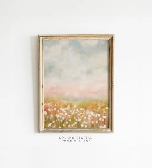 Spring Landscape Art Print, Pink Cloudy Sky