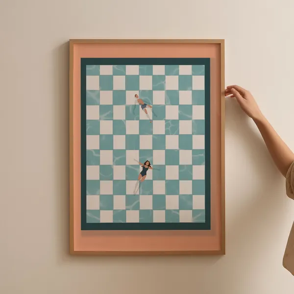 People At Pool Retro Checkerboard Poster Art Print
