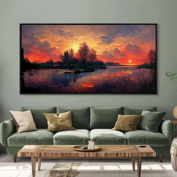 Lake Sunset Oil Painting, Nature Landscape Art Print