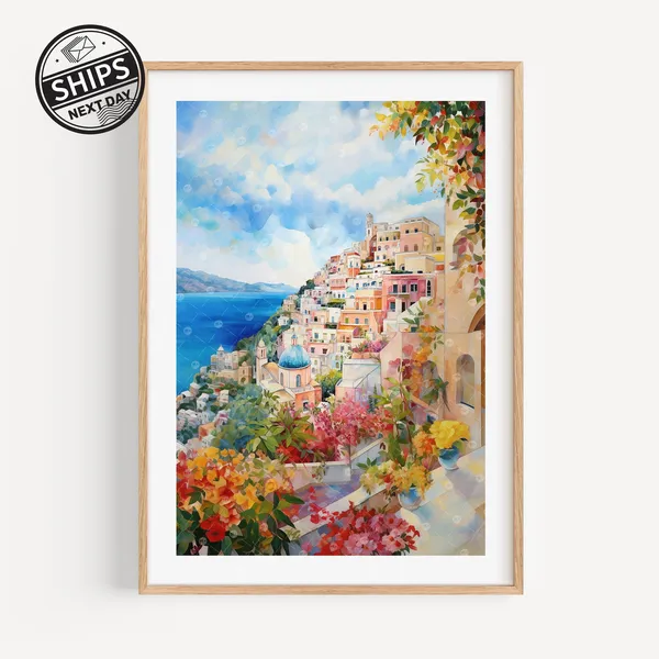 Positano Watercolor Travel Poster, Italy Wall Art