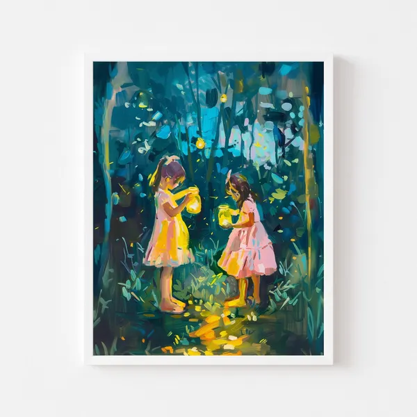 Sisters Catching Fireflies, Whimsical Summer Night Art Print