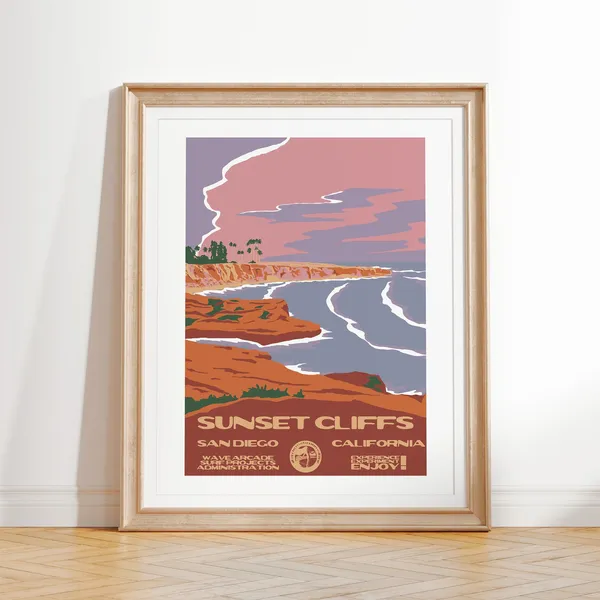 Sunset Cliffs Vintage Surf Poster, San Diego CA