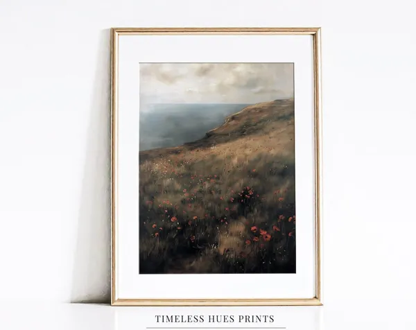 Misty Coastal Meadow, Moody Vintage Poppy Landscape