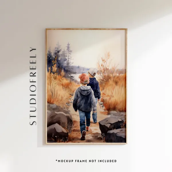 Brothers Walking In Nature Watercolor Art Print